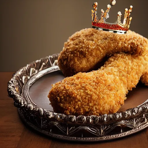 Image similar to breaded chicken sitting on the king’s throne with a crown of a king in top of it, hyper realistic, 4k