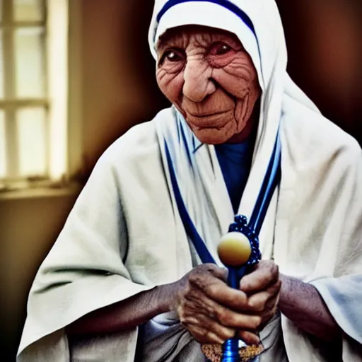 Image similar to hyperrealistic hdr photography of mother theresa playing beatsabre.