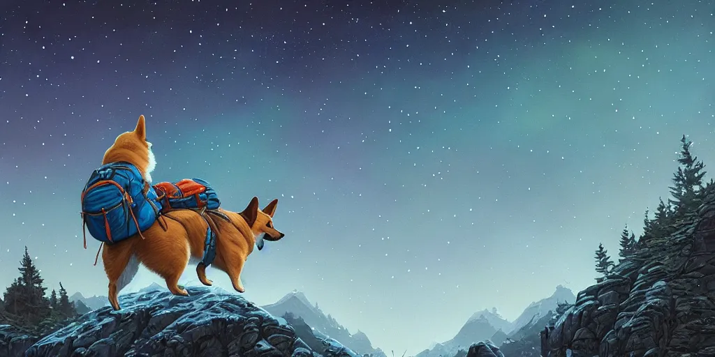 Image similar to A corgi hiking with a backpack in the mountains, stars filled sky, artstation, intricate, highly detailed, digital painting, sharp focus, illustration by Michael Whelan and Simon Stalenhag