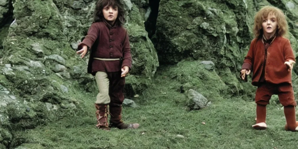 Image similar to A full color still of Paul McCartney dressed as a hobbit, holding his palm up, directed by Stanley Kubrick, 35mm, 1970