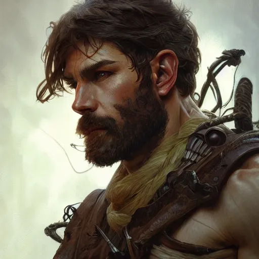 Image similar to Portrait of rugged male ranger, D&D, muscular, fantasy, intricate, elegant, highly detailed, digital painting, artstation, concept art, smooth, sharp focus, illustration, art by artgerm and greg rutkowski and alphonse mucha