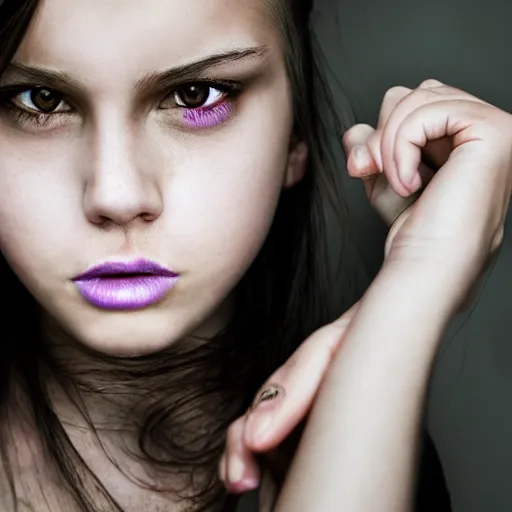 Image similar to detailed photo portrait of a furious teen girl with thin, hair-like purple tentacles on her head and bright purple eyes, 8k, trending on DeviantArt, face enhance,hyper detailed ,full of colour, dramatic lightning