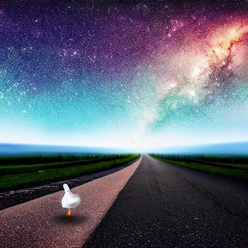 Image similar to a lonely duck walking on the road and looking up at the sky, milky way, starry sky, art station trend