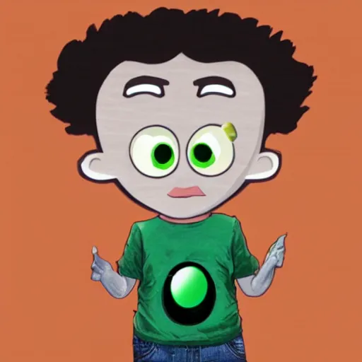 Image similar to big eyed gray alien, wearing green shirt