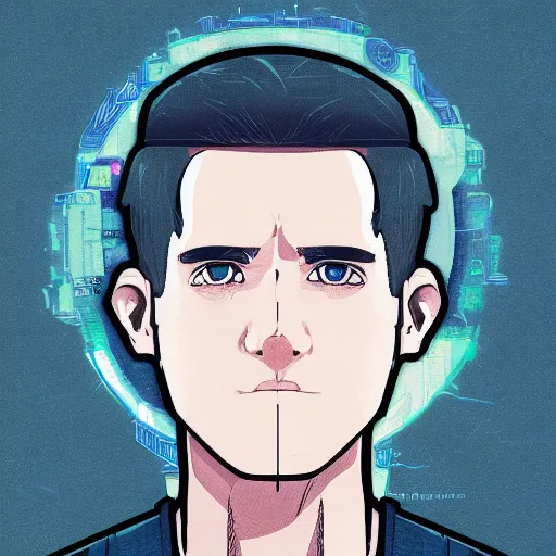 Prompt: illustration of connor mcgreggor, mix of styles, schematic, ghost in the shell color scheme, masterpiece