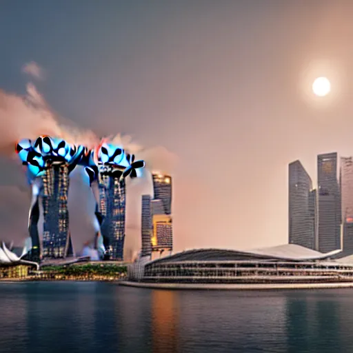 Image similar to Singapore Esplanade Marina Bay city with a lion-shaped cloud in the sky, by greg rutkowski, red and white lighting, digital art, ultra realistic, ultra detailed, photorealistic, 4k, character concept