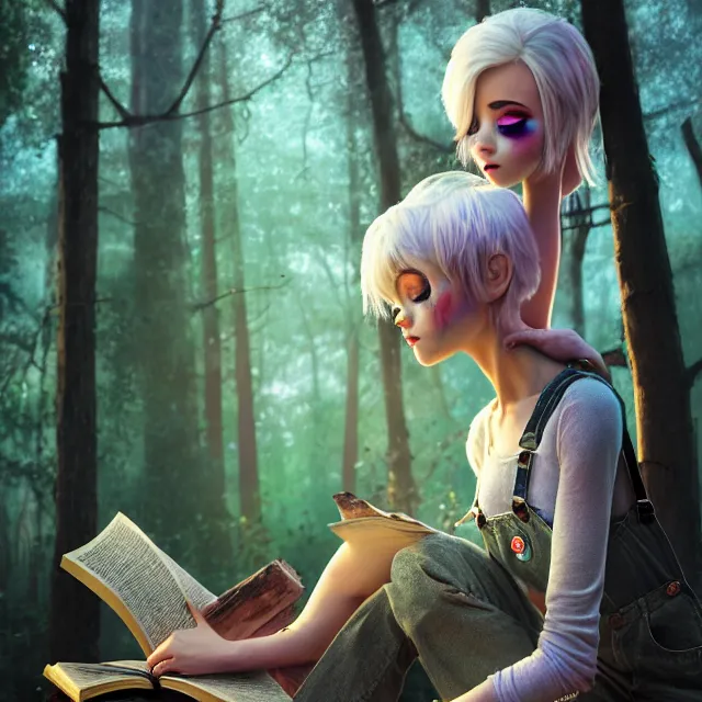 Image similar to full body pose, beautiful adult fairy, pixar, short white hair shaved sides, dirty, grungy, grunge, long sleeve, painted overalls, magic stacks of giant books in a forest, highly detailed, 4 k, hdr, smooth, sharp focus, high resolution, award - winning photo, artgerm, photorealistic