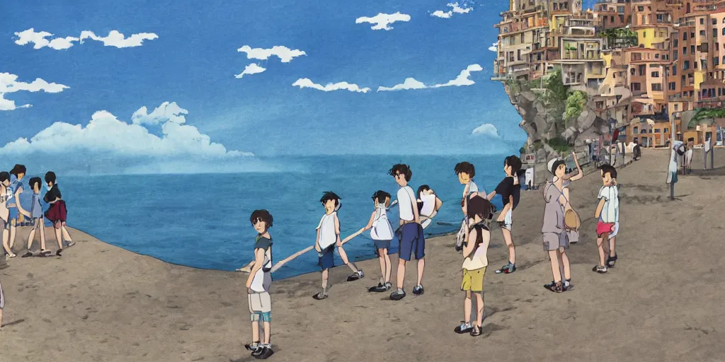 Image similar to wholesome animation studio Ghibli of young guys on the beach in the city of Genova. Sharp bloom dramatic lightning. Sunny day.