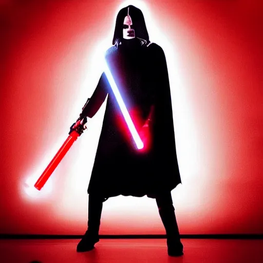 Image similar to “Michael Jackson as Emperor Palpatine wielding a glowing red lightsaber, cinematic lighting, action, explosions, highly detailed, 8k resolution”