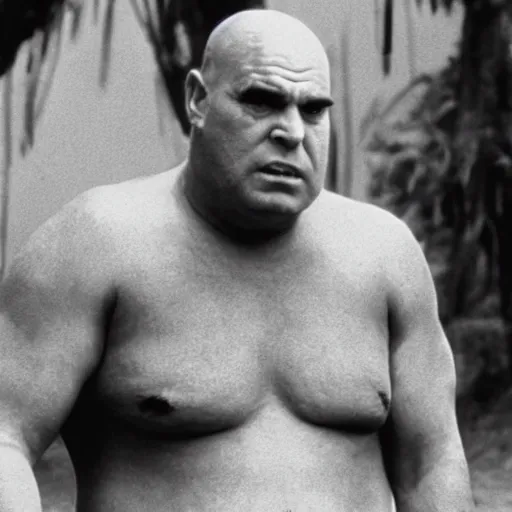 Image similar to black and white image of shrek as colonel kurtz, in apocalypse now