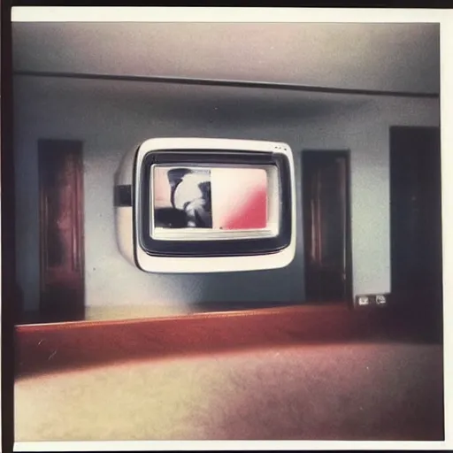 Image similar to a living room in 1982 A square CRT TV is on, with Netflix on the screen!!!!! The only light in the room is the light from TV. Polaroid photograph