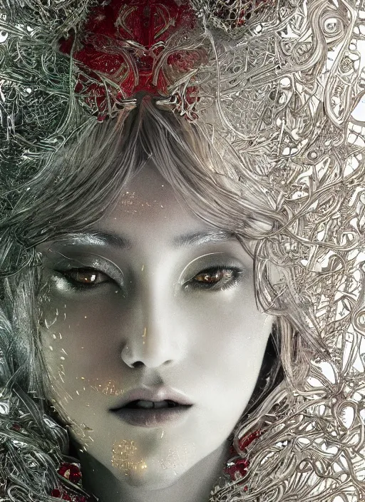 Image similar to glowing silver and golden elements, full close-up portrait, beautiful female portrait model from shutterstock as a dark witch, book cover, green forest, white moon, red lips, establishing shot, extremly high detail, photo-realistic, cinematic lighting, pen and ink, intricate line drawings, by Yoshitaka Amano, Ruan Jia, Kentaro Miura, Artgerm, post processed, concept art, artstation, matte painting, style by eddie, raphael lacoste, alex ross