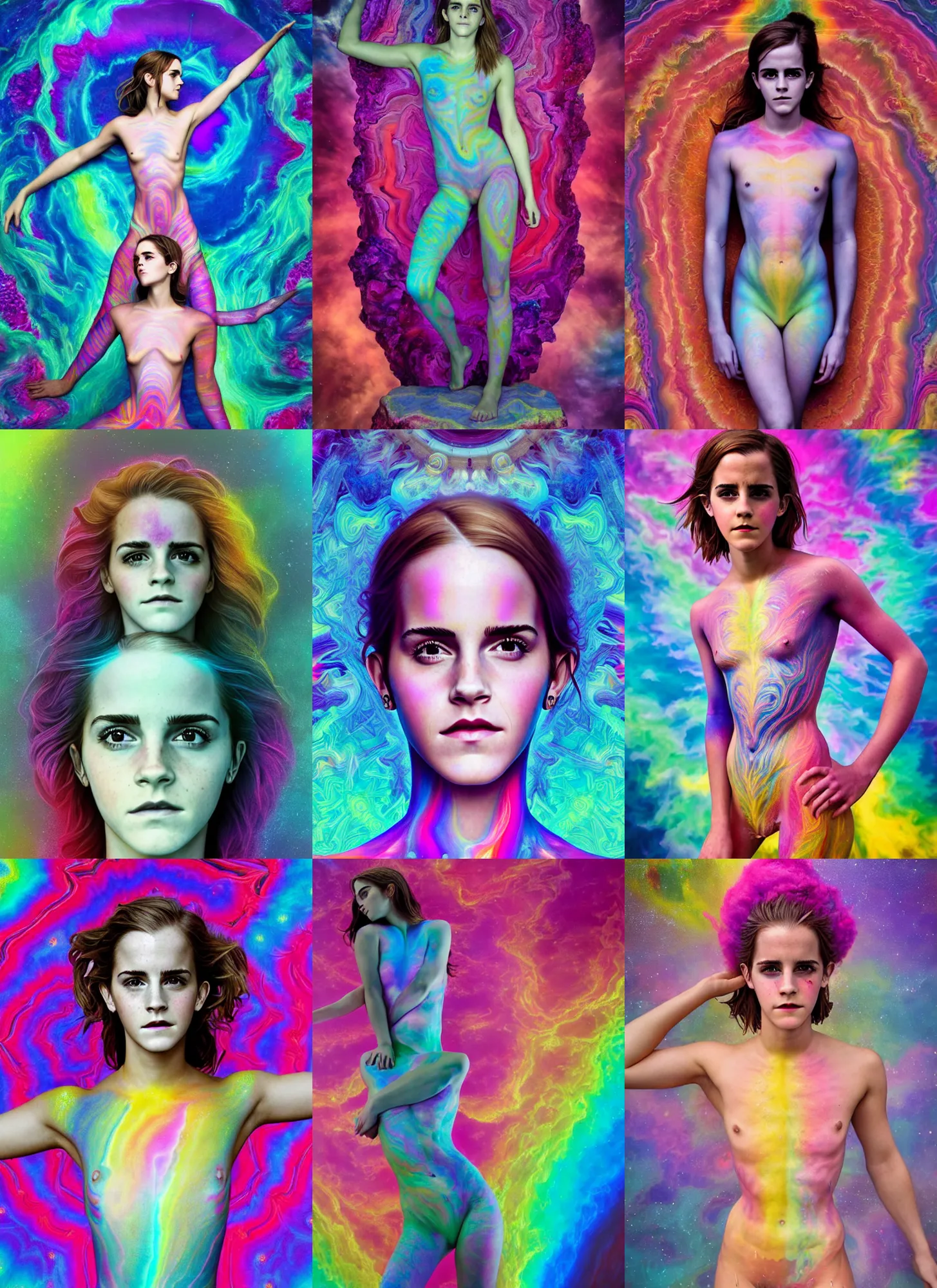 Prompt: full body Emma Watson by Jean-Baptiste Carpeaux and Luo Li Rong and Michael James Talbot as goddess, all body, floating in space. perfect symmetrical face, colorful, psychedelic psychedelic psychedelic colors, fractals, fresh rainbow bodypainting, synthwave, in full growth, elegant, realistic, 8K, female full-skin figure, hyperrealism, subsurface scattering, raytracing, rim light, Octane Render, Redshift, Zbrush, H R Giger, Zdzisław Beksiński, complex psychedelic glitch background