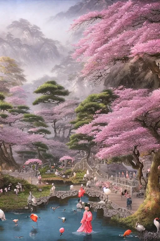 Image similar to a street in a ancient chinese characteristics. it has a high degree of fantasy. cherry blossom forest, there are pavilions in the air, koi jumping in the air, and fairy birds and animals such as cranes and deer coexist with people. it is the life scene of the ancient people, a detailed matte painting by christophe vacher and albert bierstadt