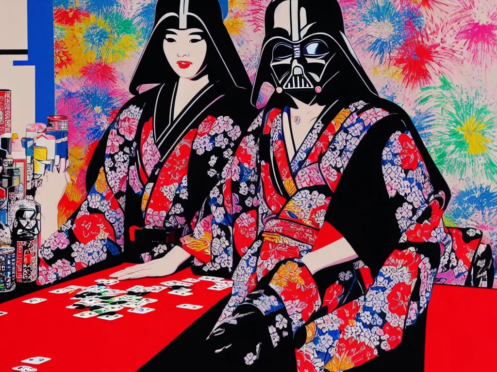 Image similar to hyperrealism composition of the detailed woman in a japanese kimono sitting at an extremely detailed poker table with darth vader, fireworks on the background, pop - art style, jacky tsai style, andy warhol style, acrylic on canvas