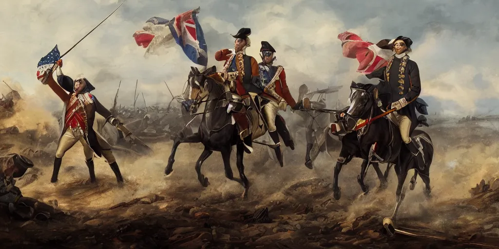 Image similar to George Washington rides a motorcycle to attack the British army in the revolutionary war, epic, cinematic, concept Art, detailed, 4K