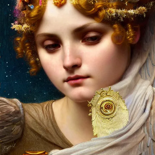 Image similar to highly detailed oil painting | very intricate | cinematic lighting | award - winning | the beautiful angel of saturn wearing a flowing toga | by godward, by tom bagshaw, by j. c. leyendecker and klimt, beautiful cinematic light, american romanticism, by alphonse mucha, artstation, cgsociety, official art, octane, detailed face