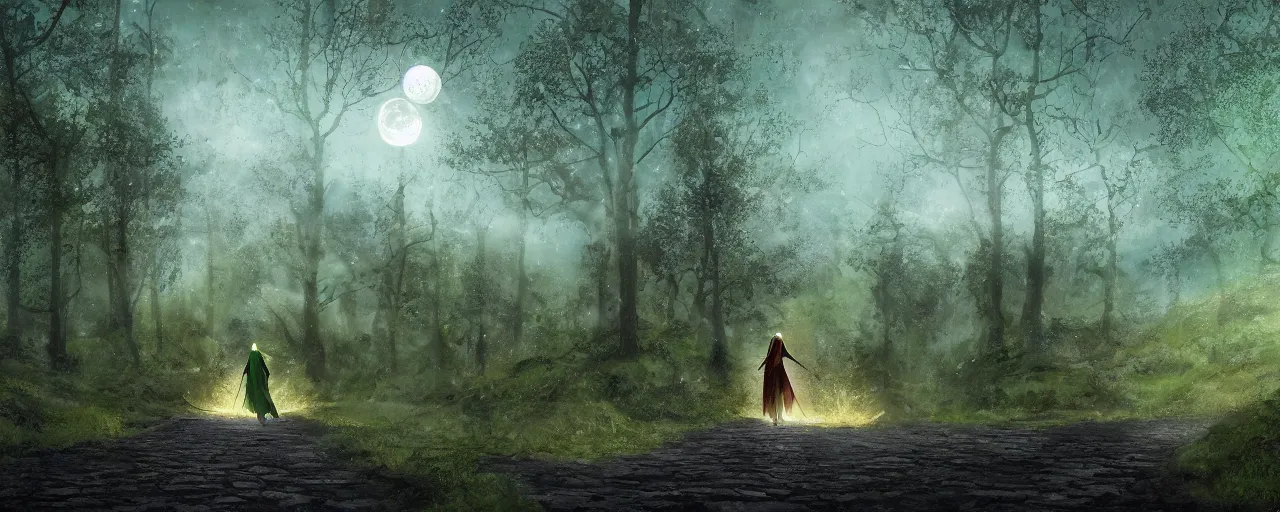 Prompt: view behind elven woman in green hooded robe holding a staff on a cobbled forest road with basalt mountains on either side, moon in the sky mid explosion, night time, dramatic lighting, digital painting, 8k, highly detailed,