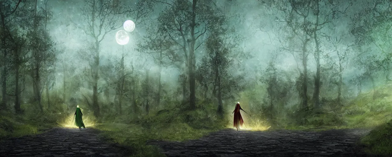 Image similar to view behind elven woman in green hooded robe holding a staff on a cobbled forest road with basalt mountains on either side, moon in the sky mid explosion, night time, dramatic lighting, digital painting, 8k, highly detailed,