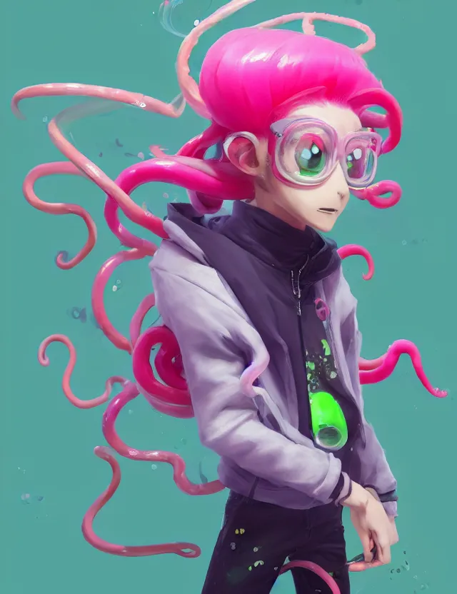 Image similar to a beautiful portrait of a cute splatoon anime male with pink tentacle hair wearing a green hoodie. character design by cory loftis, fenghua zhong, ryohei hase, ismail inceoglu and ruan jia. artstation, volumetric light, detailed, photorealistic, fantasy, rendered in octane