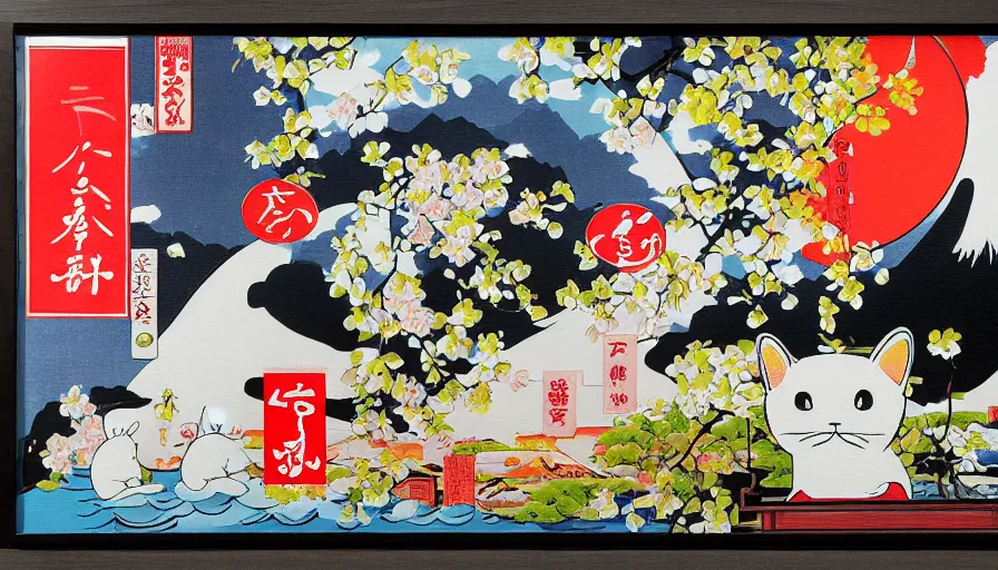 Prompt: Japan rural travel, food. craft and adventure, amalgamation as a maneki Neko isolated on a minimalist white acrylic base coat, acrylic airbrush collage-painting by Jules Julien, Leslie David and Lisa Frank, muted colors with predominant white background minimalism, neon color mixed media painterly details, neo-classical composition, rule of thirds, design tension, impactful graphic design