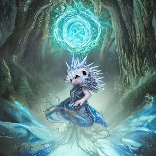 Image similar to Hedgehog magus, Tzeentch, portrait, nature, fairy, forest background, magic the gathering artwork, D&D, fantasy, cinematic lighting, centered, symmetrical, highly detailed, digital painting, artstation, concept art, smooth, sharp focus, illustration, volumetric lighting, epic Composition, 8k, art by Akihiko Yoshida and Greg Rutkowski and Craig Mullins, oil painting, cgsociety