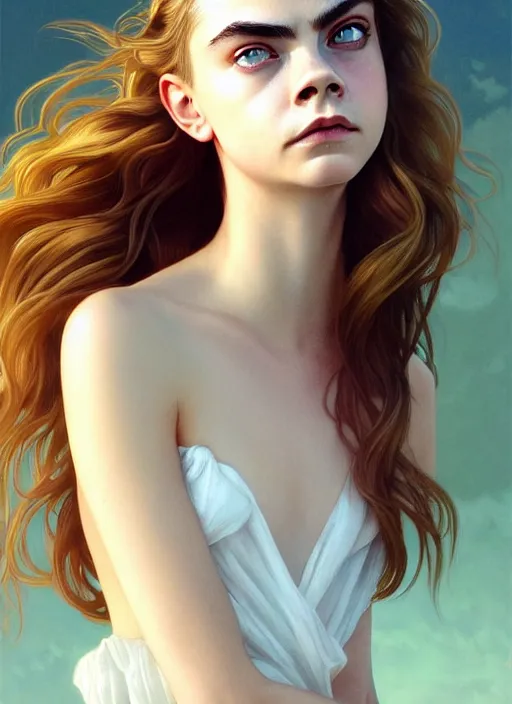 Image similar to half cara delevingne half Anya Taylor-Joy a pure gorgeous seductive angel, full body portrait, slight smile, diffuse natural sun lights, autumn lights, highly detailed, digital painting, artstation, concept art, sharp focus, illustration, art by wlop and greg rutkowski and alphonse mucha and artgerm