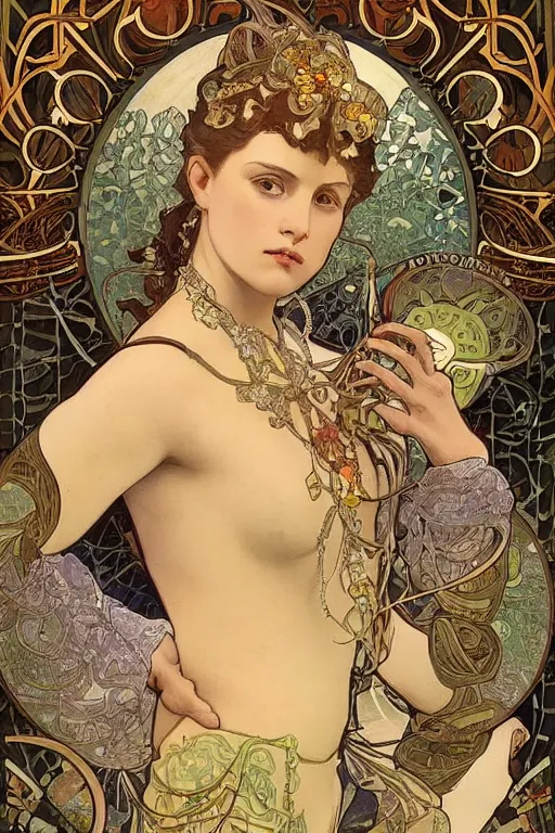 Prompt: bugs and jewels. painting by alphonse mucha. Art Nouveau, Aetherpunk, atmospheric lighting, high fantasy digital art painting, smooth, sharp focus, highly detailed illustration highlights, backlight, golden ratio, 8K detail post-processing, symmetrical facial features, rich deep moody colors, award winning picture, Daily Deviation on DeviantArt, trending on cgsociety and Artgerm, featured on ArtstationHQ