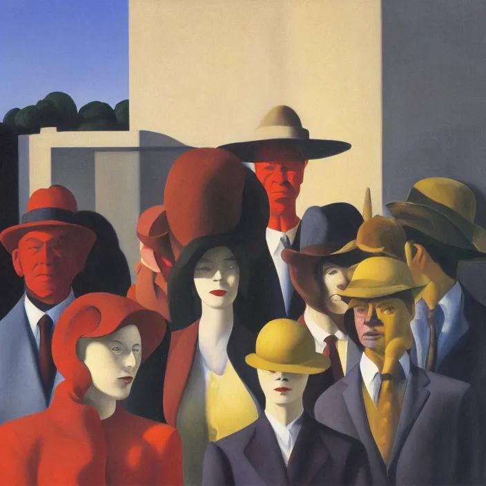 Image similar to group of people pictured in afternoon light, close - up of the faces, surrealist oil painting by edward hopper, dora maar and rene magritte