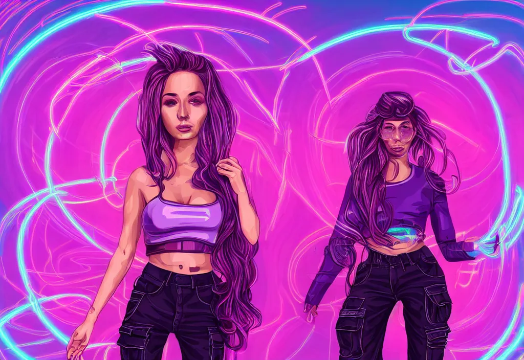 Prompt: a award winning half body portrait of a beautiful woman in a croptop and cargo pants with ombre purple pink teal hairstyle surrounded by whirling illuminated lines, outrun, vaporware, shaded flat illustration, digital art, trending on artstation, highly detailed, fine detail, intricate sensual