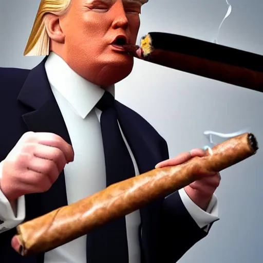 Prompt: a high quality photo of donald trump smoking a cigar, 3d scene, render, ultra realistic, artstation, cgsociety