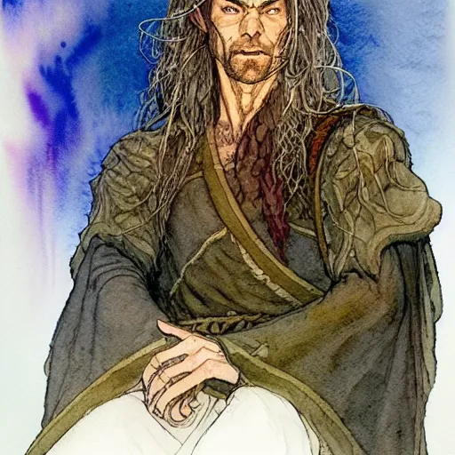 Image similar to a realistic and atmospheric watercolour fantasy character concept art portrait of ian mc kellen as a druidic warrior wizard looking at the camera with an intelligent gaze by rebecca guay, michael kaluta, charles vess and jean moebius giraud