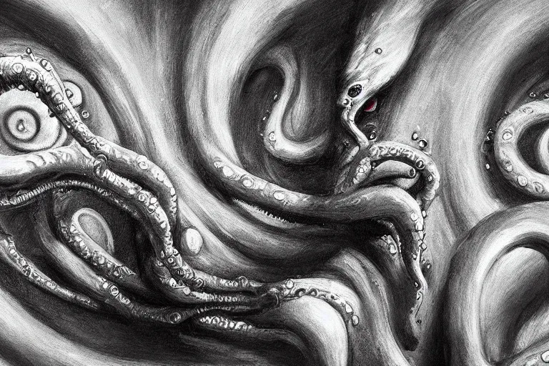 Prompt: ultra realist wide shot soft painting of a single entity so scary one glance is enough to drive a man insane, tentacles, eyes, very intricate details, ultra dense fog, golden ratio, volumetric black and white lighting, reflections, refractions, symmetry accurate anatomy features, unreal render