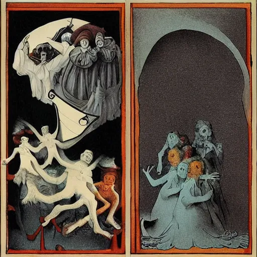 Image similar to Technicolor box of ghosts, by M.C. Escher, by Joseph Cornell, by Francisco Goya, fairy-tale illustration style, very detailed, colorful, beautiful, eerie, surreal, psychedelic