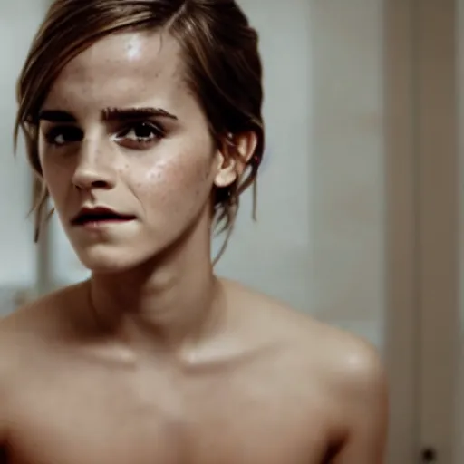 Image similar to Emma Watson in an ad for bathtubs, wet hair, wearing a towel, white bathroom setting, studio photography