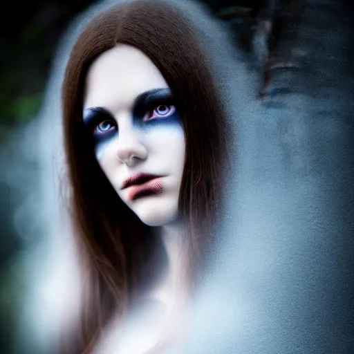 Prompt: portrait brunette PANDORA, Captivating, Noble, New Tales of the Vampires character, Highgate cemetery, face centred, fog, volumetric lighting, beautiful, blueish moonlight, sharp focus, ultra detailed, cgsociety