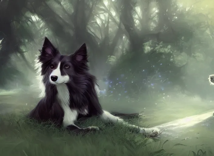 Image similar to wide angle beautiful full body portrait of a cute male anthropomorphic anthro border collie fursona in a park, character design by charlie bowater, henry asencio, and ross tran, disney, scenic background, detailed, glamor pose, aesthetic, trending on artstation, furaffinity, deviantart