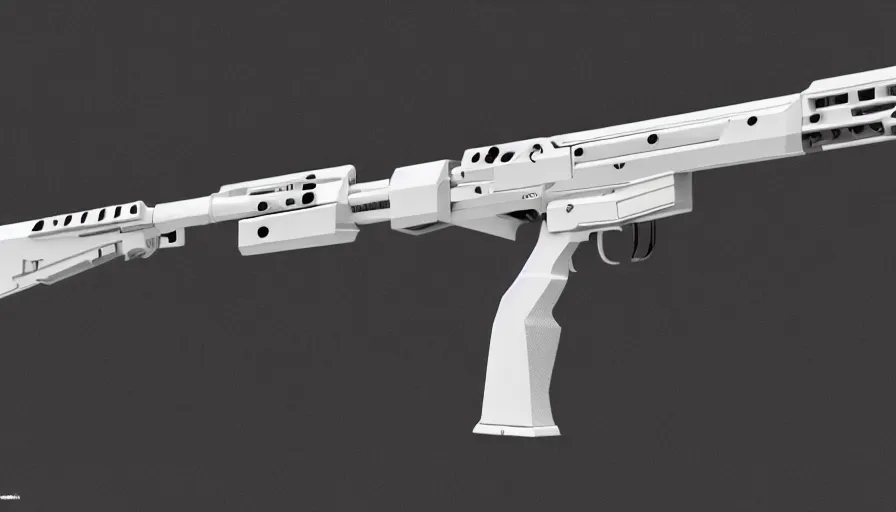 Image similar to extremely detailed ultra realistic photographic side view ultra minimalist coilgun rifle, detailed trigger, chemically propelled, electric, smooth streamline, elegant sleek smooth body, white paint, battery and wires, railgun, chemrail, gauss, smooth utopian design, ultra high quality, octane, cod, destiny, warframe, terminator