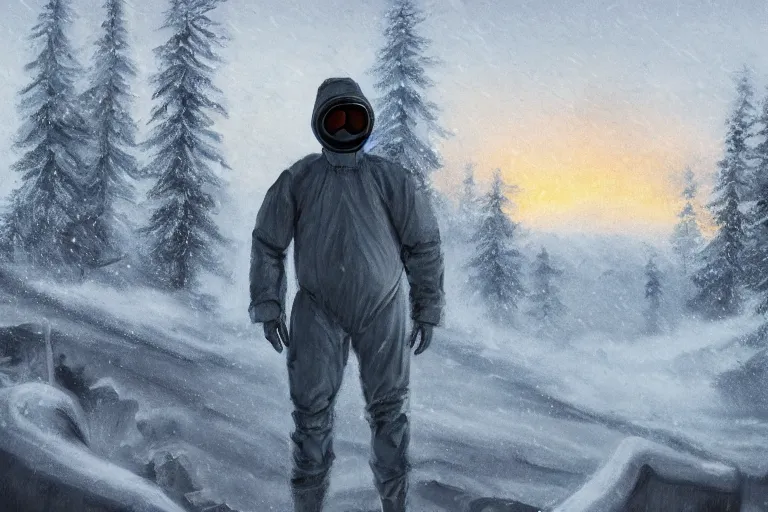 Prompt: ryan church jon mccoy concept art mood painting man wearing grey hazmat suit gp - 5 gas mask sitting against concreate wall snow covered field watching the beautiful winter sunrise burning ruins in background forest
