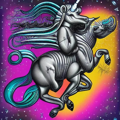 Prompt: heavy metal unicorn by h. r. giger and lisa frank