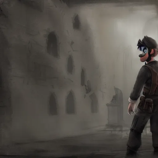 Image similar to concept art of mario in a ruined kingdom, resident evil, gothic horror, silent hill, occult, terror, mist, volumetric render