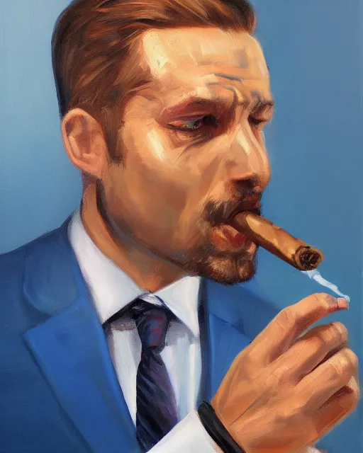 Image similar to Hyper realistic oil portrait of a man in his thirties smoking a cigar, dressed in a blue suit, by Mosh Art, trending on artstation