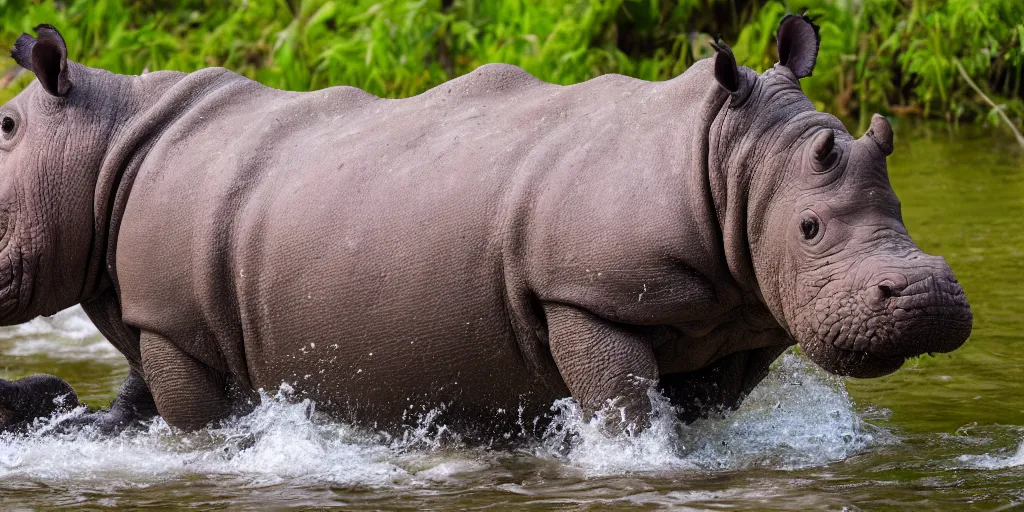 Image similar to a hippo with a rhino horn, in a river in the jungle, extremely high fidelity, natural lighting