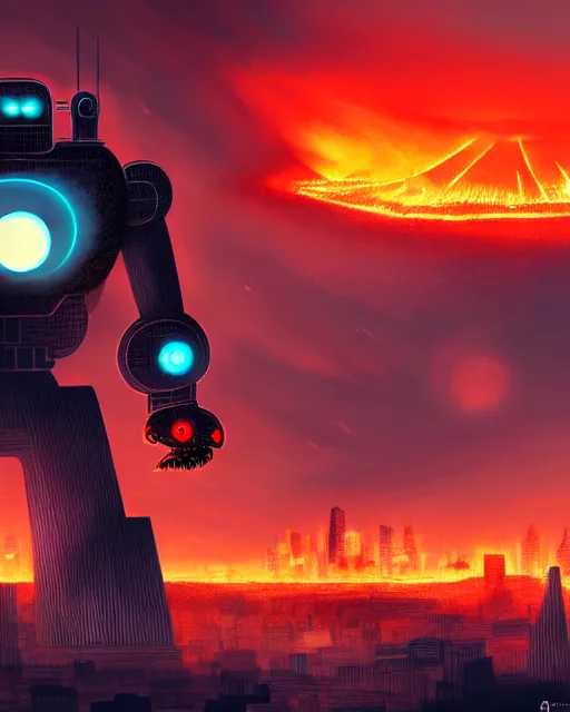 Image similar to giant robot with ominously glowing red eyes stands on top of city that is on fire, concept art, intricate details, highly detailed, in the style of pascal blanche