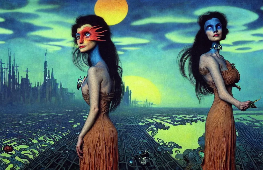 Image similar to realistic detailed portrait movie shot of a birdgirl wearing a dark dress, sci fi city landscape background by denis villeneuve, amano, yves tanguy, alphonse mucha, ernst haeckel, max ernst, roger dean, masterpiece, rich moody colours, dog teeth, blue eyes, sunset