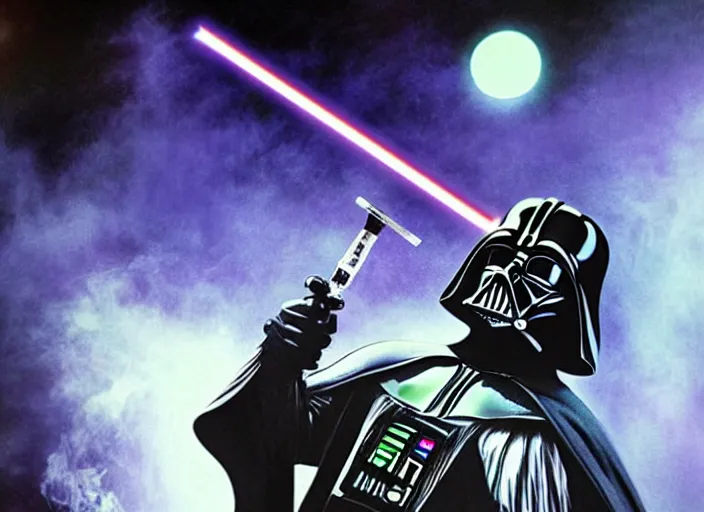 Image similar to darth vader smoking a bong with a black light poster in the background