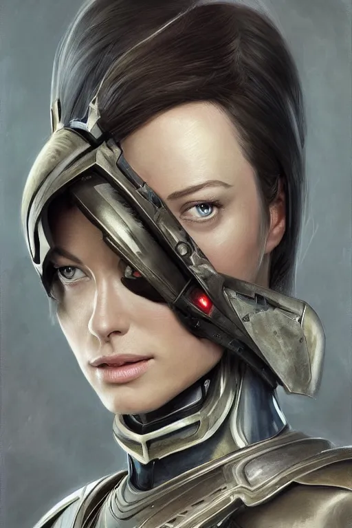 Image similar to a professional painting of a young Olivia Wilde, clothes in military armor, olive skin, long dark hair, beautiful bone structure, symmetrical facial features, intricate, elegant, digital painting, concept art, smooth, sharp focus, illustration, from StarCraft by Ruan Jia and Mandy Jurgens and Artgerm and William-Adolphe Bouguerea