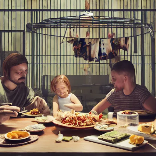 Image similar to a - happy - family - eating - dinner - at - the - table - inside - a cage, at - home, indoors, warm - sunlight, photorealistic, high - detail, octane - render, vivid, 4 k,