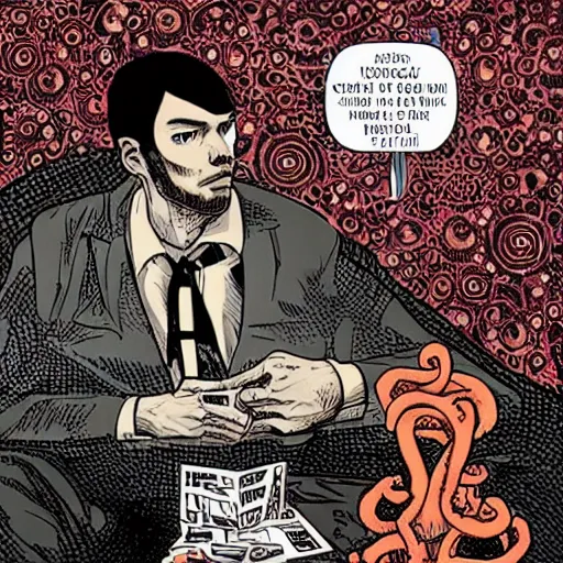 Image similar to Cthulhu as a modern day business man with a family and a drug and gambling addiction, necronomicon is the family Bible , Junji Ito and Greg rutkowski, psychedelic , 50s style infomercial , award winning , retro futuristic