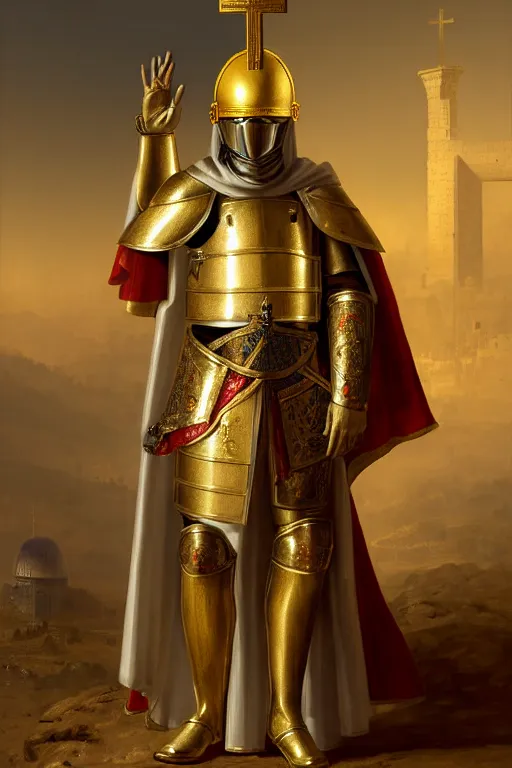 Prompt: man looking forward in decorated with gold baroque style christian crusader armor, helmet covering a his face covered and decorated with golden cross on it and white cape covering half of his body standing at the gates of jerusalem drawn by greg rutkowski realistic high detail
